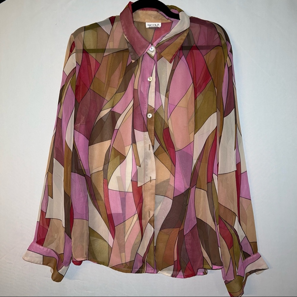 XL lightweight sheer psychedelic print button up
